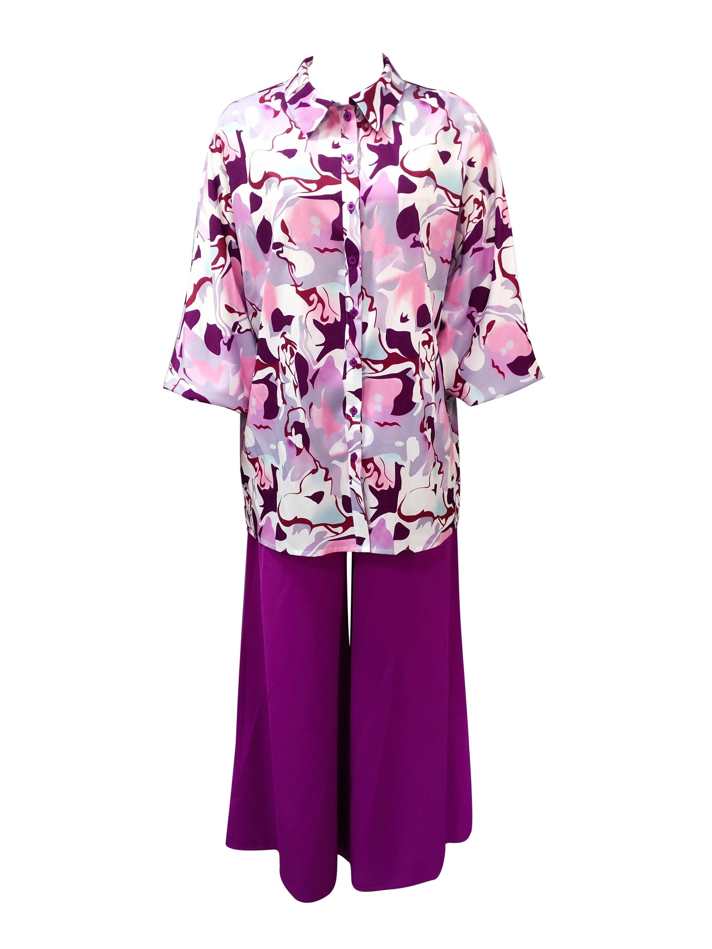 two-piece Elegant Graphic Print Batwing Sleeve Shirt and Wide Leg Pants Set for Women - Stylish and Comfortable Outfit