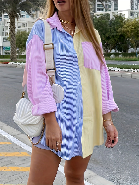 Sixsr Plus Size Casual Blouse, Women's Plus Colorblock Stripe Print Long Sleeve Turn Down Collar Button Up Tunic Shirt Top