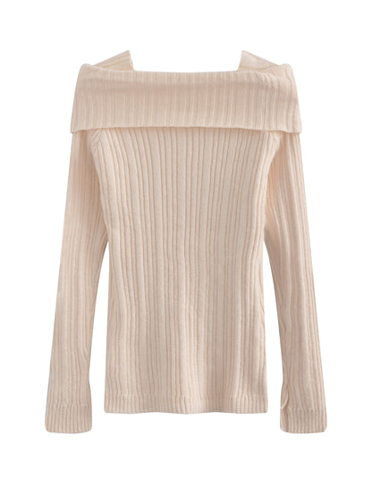 Sixsr Solid Off Shoulder Rib Knit Sweater, Elegant Button Front Long Sleeve Slim Sweater, Women's Clothing