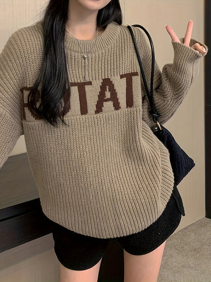 Sixsr Letter Pattern Crew Neck Pullover Sweater, Casual Long Sleeve Drop Shoulder Sweater, Women's Clothing