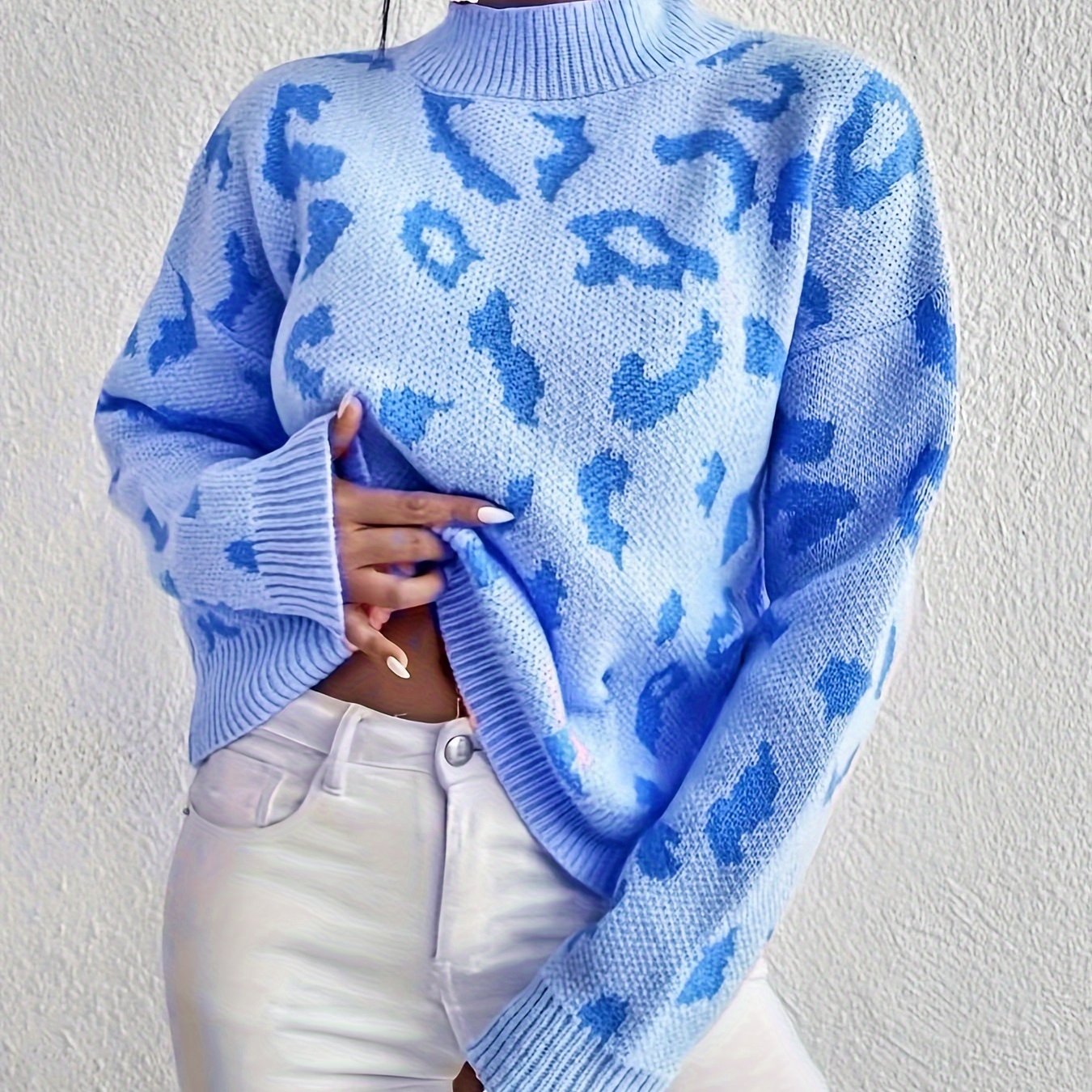 Sixsr Leopard Pattern Mock Neck Sweater, Casual Long Sleeve Sweater For Fall & Winter, Women's Clothing