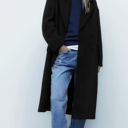 Sixsr Solid Double Breasted Lapel Overcoat, Elegant Long Sleeve Winter Warm Outwear, Women's Clothing