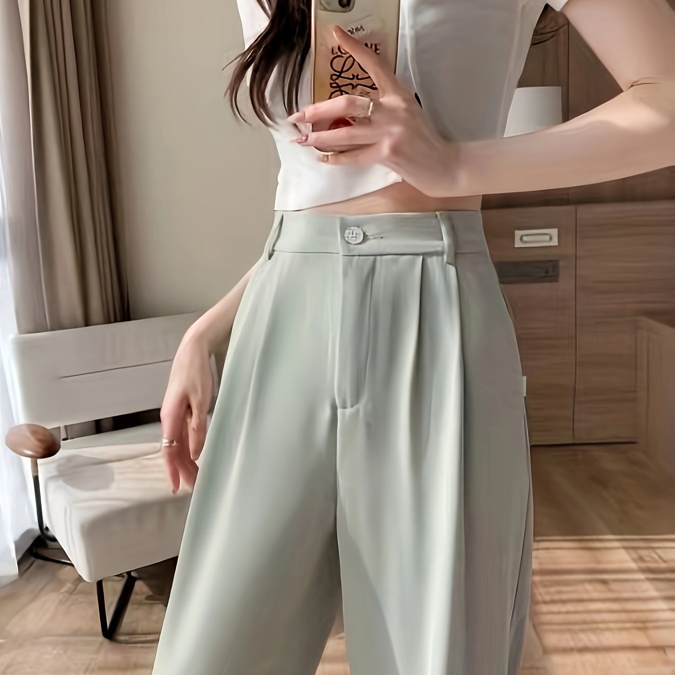Sixsr Solid High Waist Draped Long Length Pants, Casual Loose Spring & Autumn Pants, Women's Clothing