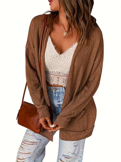 Sixsr Solid Open Front Knit Cardigan, Elegant Long Sleeve Pocket Loose Cardigan, Women's Clothing