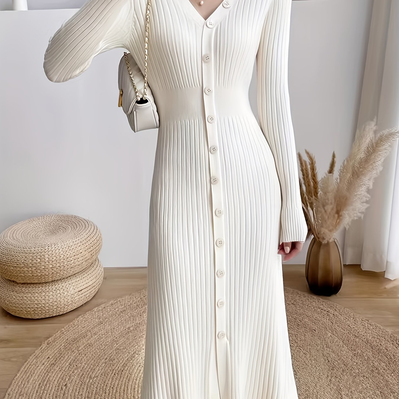 Sixsr Button Front Ribbed Dress, Elegant V Neck Long Sleeve Dress, Women's Clothing