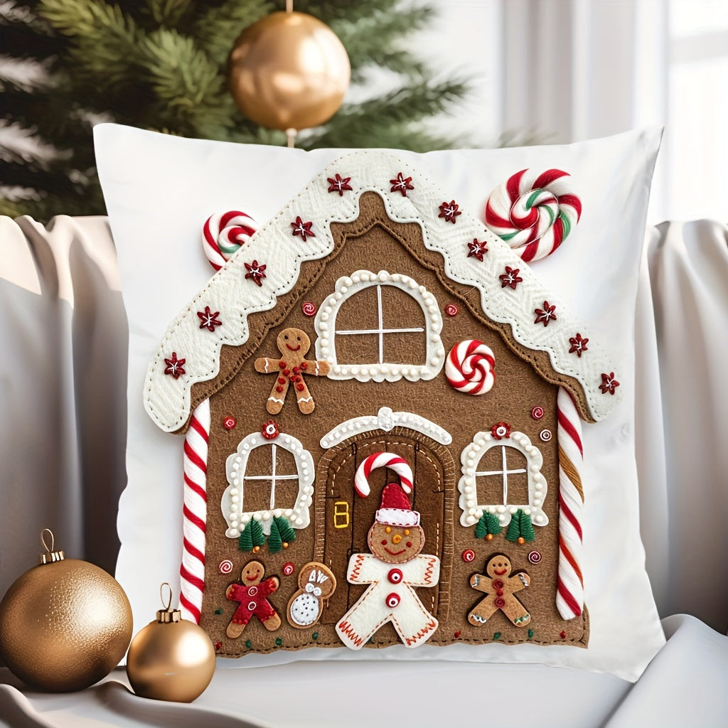Festive 17.7" x 17.7" Christmas Gingerbread House Pillow Cover - Soft, Breathable, Machine-Washable, and Durable for Sofa, Living Room, Bedroom Home Decoration - Perfect for Holiday Season, No Pillow Insert Included