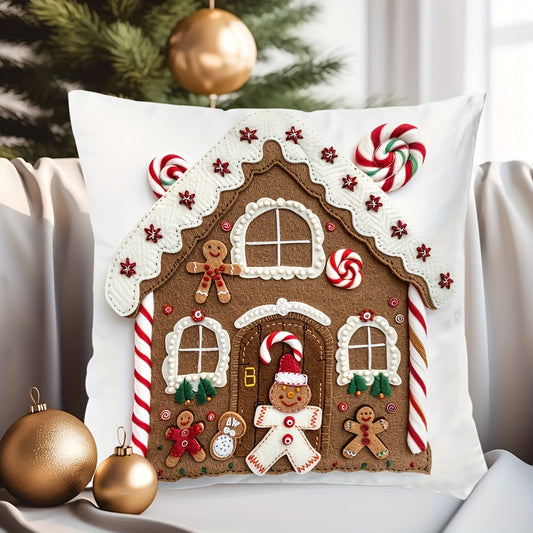 Festive 17.7" x 17.7" Christmas Gingerbread House Pillow Cover - Soft, Breathable, Machine-Washable, and Durable for Sofa, Living Room, Bedroom Home Decoration - Perfect for Holiday Season, No Pillow Insert Included
