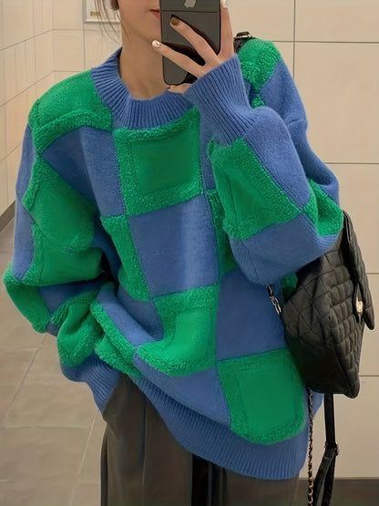 Sixsr Plaid Pattern Crew Neck Pullover Sweater, Casual Long Sleeve Drop Shoulder Sweater, Women's Clothing