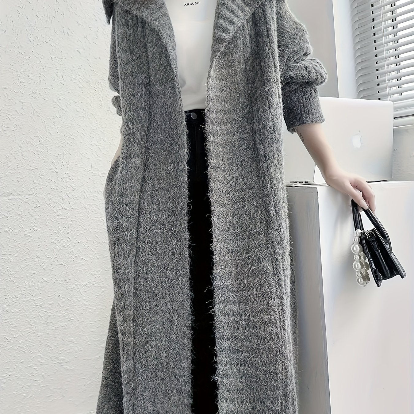 Sixsr Solid Open Front Knit Cardigan, Casual Collared Long Length Thick Sweater Outerwear For Fall & Winter, Women's Clothing