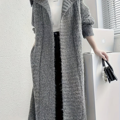 Sixsr Solid Open Front Knit Cardigan, Casual Collared Long Length Thick Sweater Outerwear For Fall & Winter, Women's Clothing