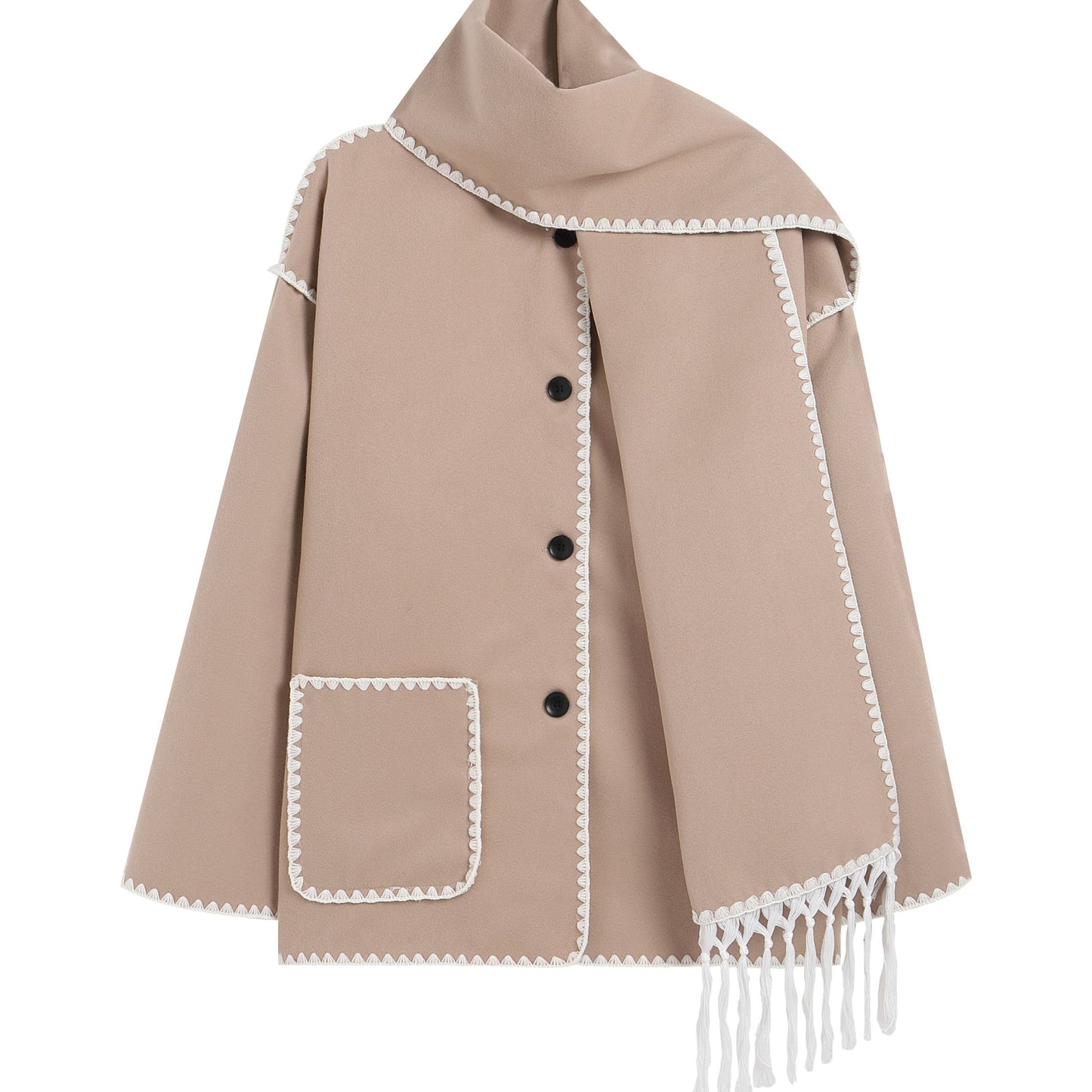 Sixsr Contrast Trim Patched Pockets Overcoat, Elegant Long Sleeve Fringe Scarf Outwear For Fall & Winter, Women's Clothing