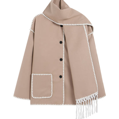 Sixsr Contrast Trim Patched Pockets Overcoat, Elegant Long Sleeve Fringe Scarf Outwear For Fall & Winter, Women's Clothing