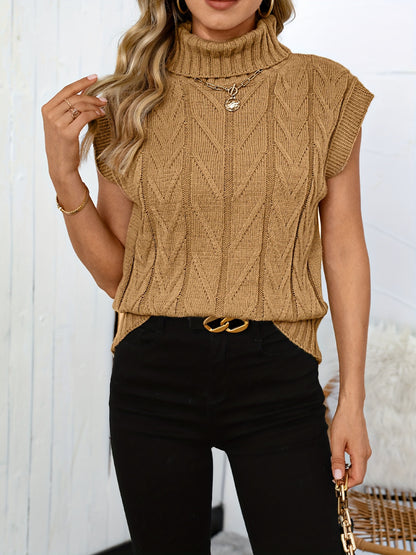 Sixsr Solid Turtle Neck Cable Knit Vest, Casual Sleeveless Loose Sweater, Women's Clothing