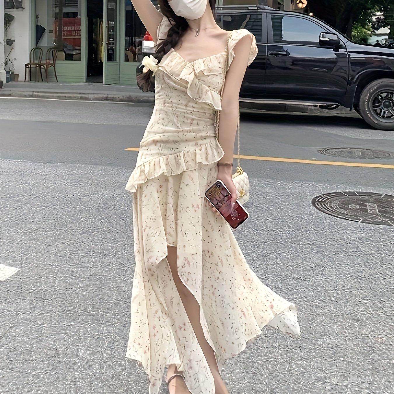 Sixsr Allover Print Ruffle Trim Dress, Versatile Asymmetrical Hem Dress For Spring & Summer, Women's Clothing