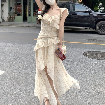 Sixsr Allover Print Ruffle Trim Dress, Versatile Asymmetrical Hem Dress For Spring & Summer, Women's Clothing
