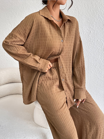 Sixsr Casual Textured Solid Two-piece Set, Long Sleeve Button Front Shirt & Straight Leg Pants Outfits, Women's Clothing