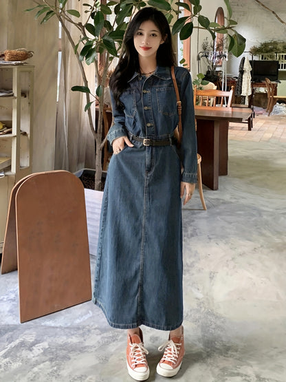 Sixsr Blue Long Sleeves Denim Dress, Retro Style Single Breasted Button Split Lapel Denim Dress, Women's Denim Clothing