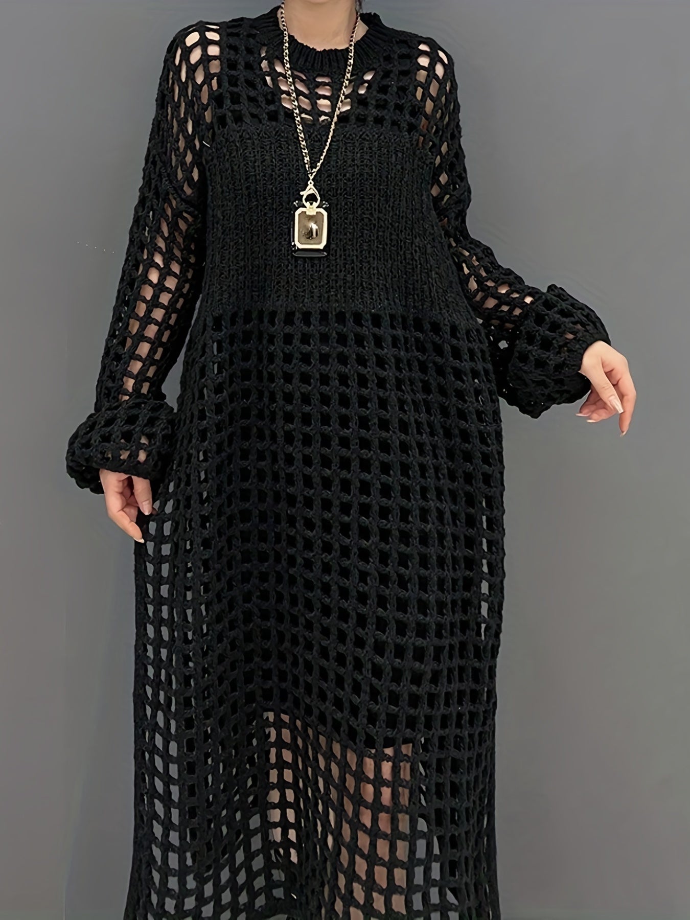 Sixsr Crochet Split Thigh Dress, Casual Solid Long Sleeve Maxi Dress, Women's Clothing