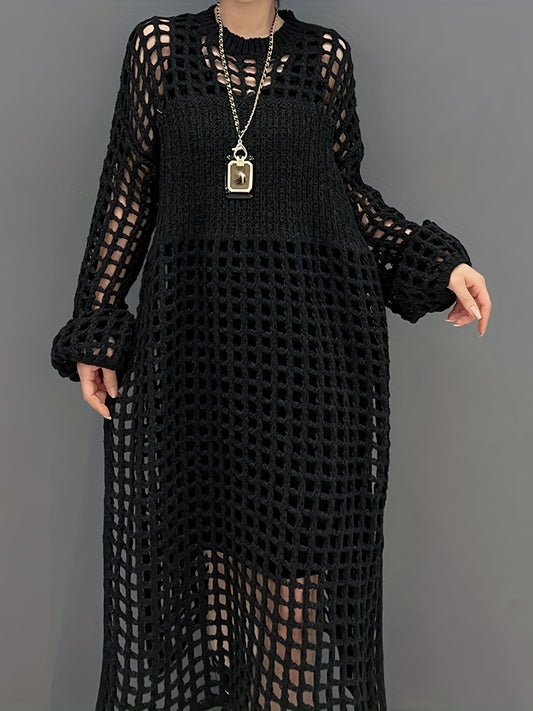 Sixsr Crochet Split Thigh Dress, Casual Solid Long Sleeve Maxi Dress, Women's Clothing