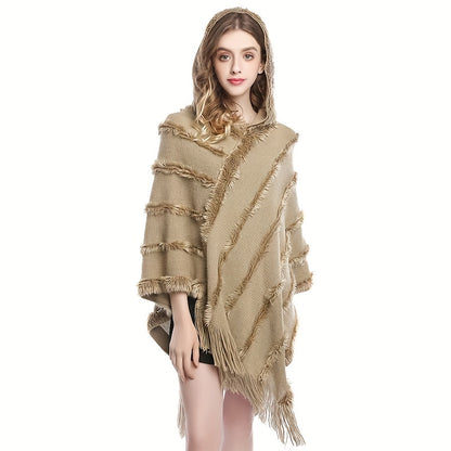 Sixsr Loose Knit Hooded Pullover Poncho Large Solid Color Batwing Tassel Shawl Autumn Winter Travel Outside Windproof Cape