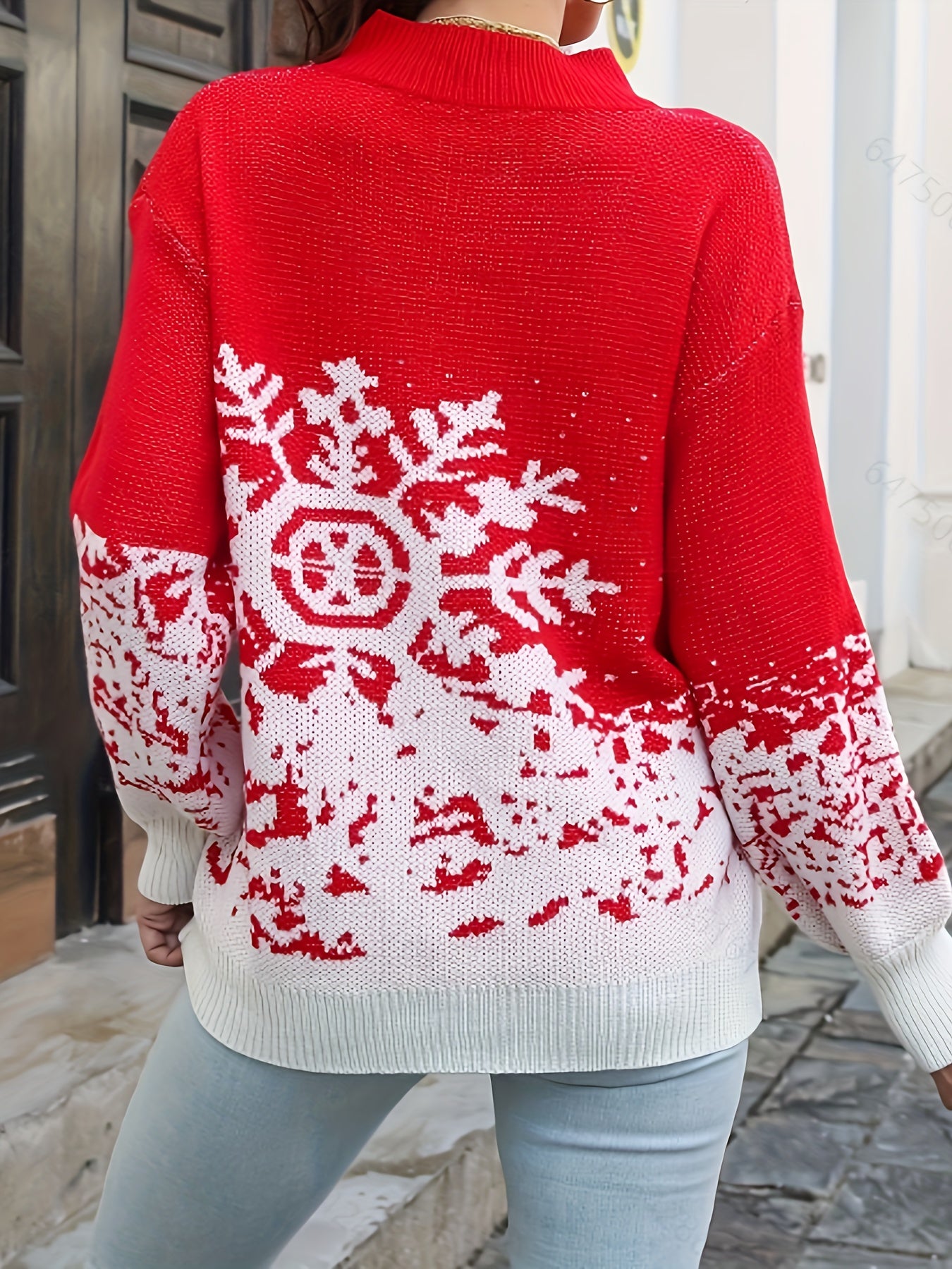 Christmas Snowflake Pattern Knitted Sweater Sweater, Casual Crew Neck Long Sleeve Pullover Sweater, Women's Clothing