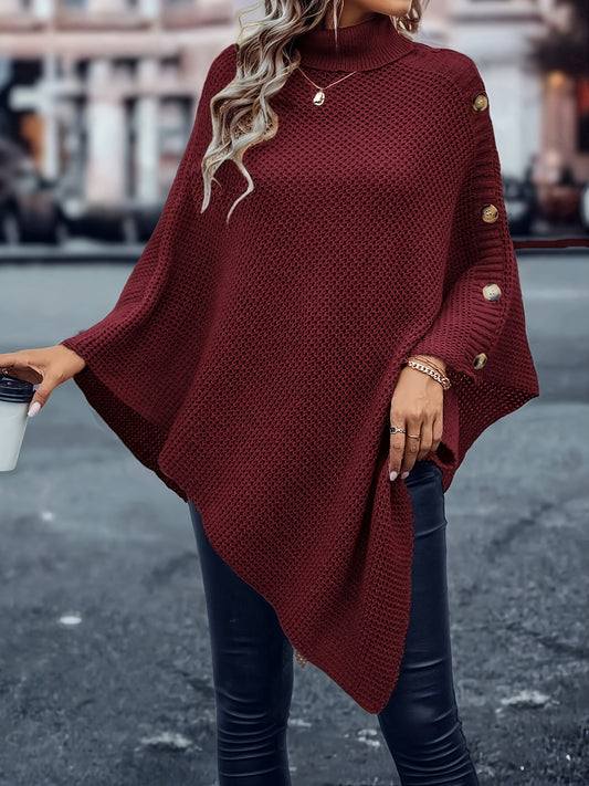 Sixsr Solid Cape Knit Sweater, Elegant Turtleneck Asymmetrical Hem Sweater, Women's Clothing