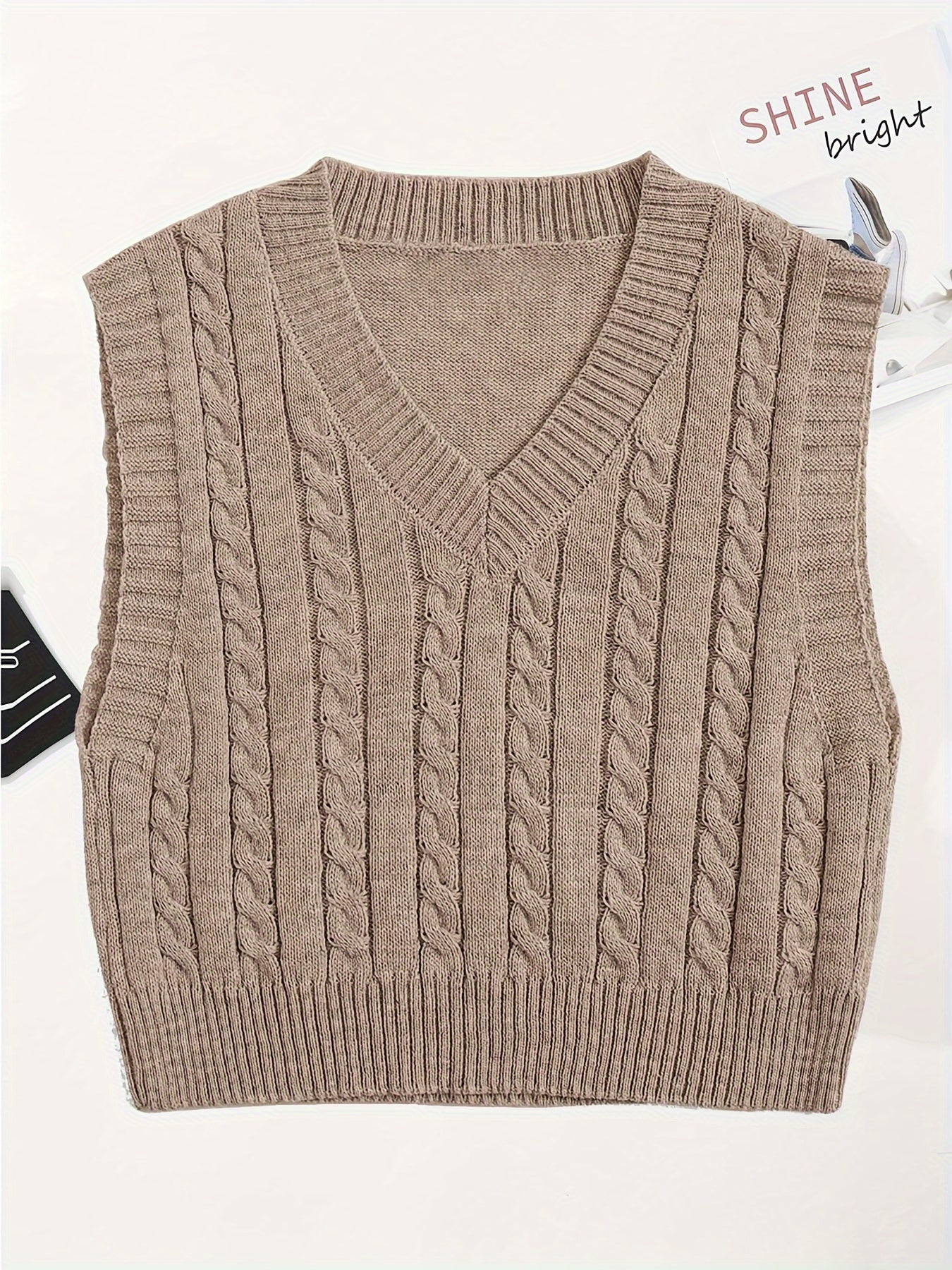 Sixsr Solid V Neck Cable Knit Vest, Elegant Sleeveless Sweater Vest, Women's Clothing