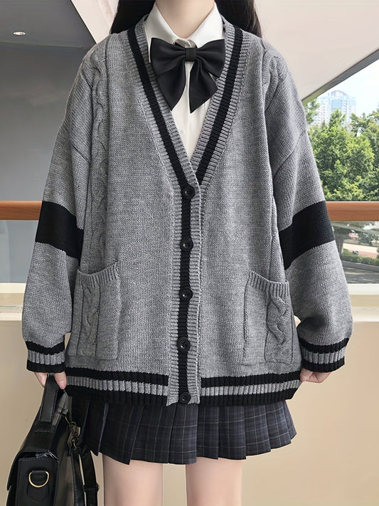 Sixsr Color Block Button Front Knit Cardigan, Elegant V Neck Long Sleeve Sweater For Fall & Winter, Women's Clothing