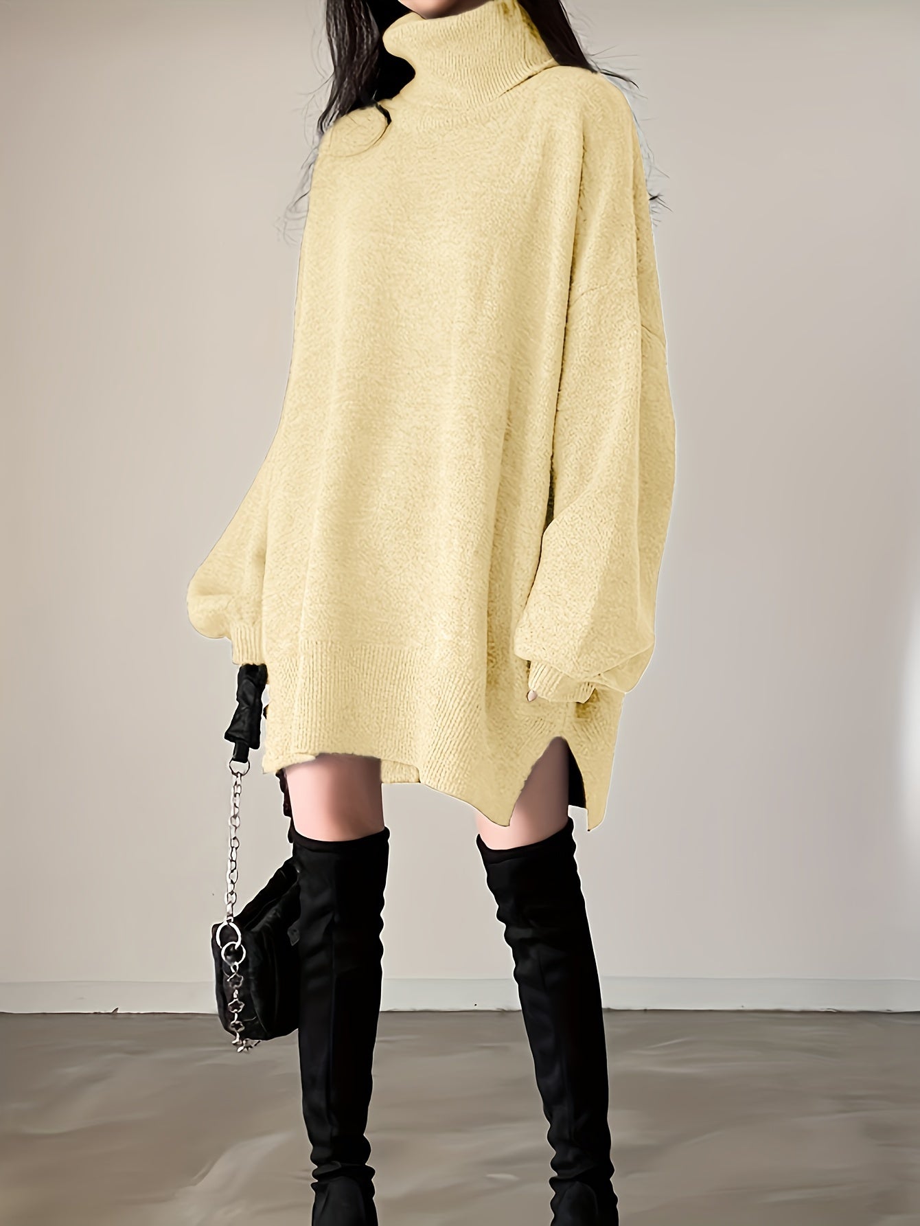 Sixsr Solid Turtle Neck Oversized Sweater, Casual Long Sleeve Split Sweater, Women's Clothing