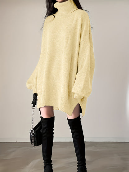 Sixsr Solid Turtle Neck Oversized Sweater, Casual Long Sleeve Split Sweater, Women's Clothing