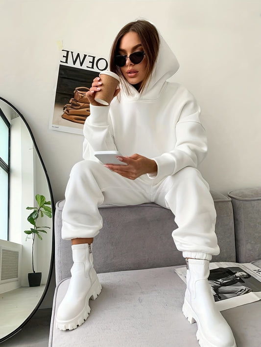 Sixsr Casual Two-piece Set, Solid Hoodie & Elastic Waist Jogger Pants Outfits, Women's Clothing