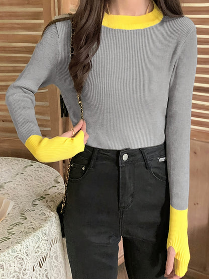 Sixsr Color Block Crew Neck Knitted Top, Casual Long Sleeve Slim Sweater, Women's Clothing