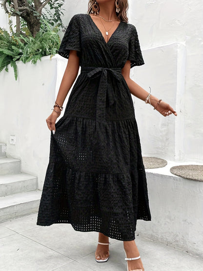 Solid High Waist Dress, Casual Surplice Neck Short Sleeve Maxi Dress, Women's Clothing