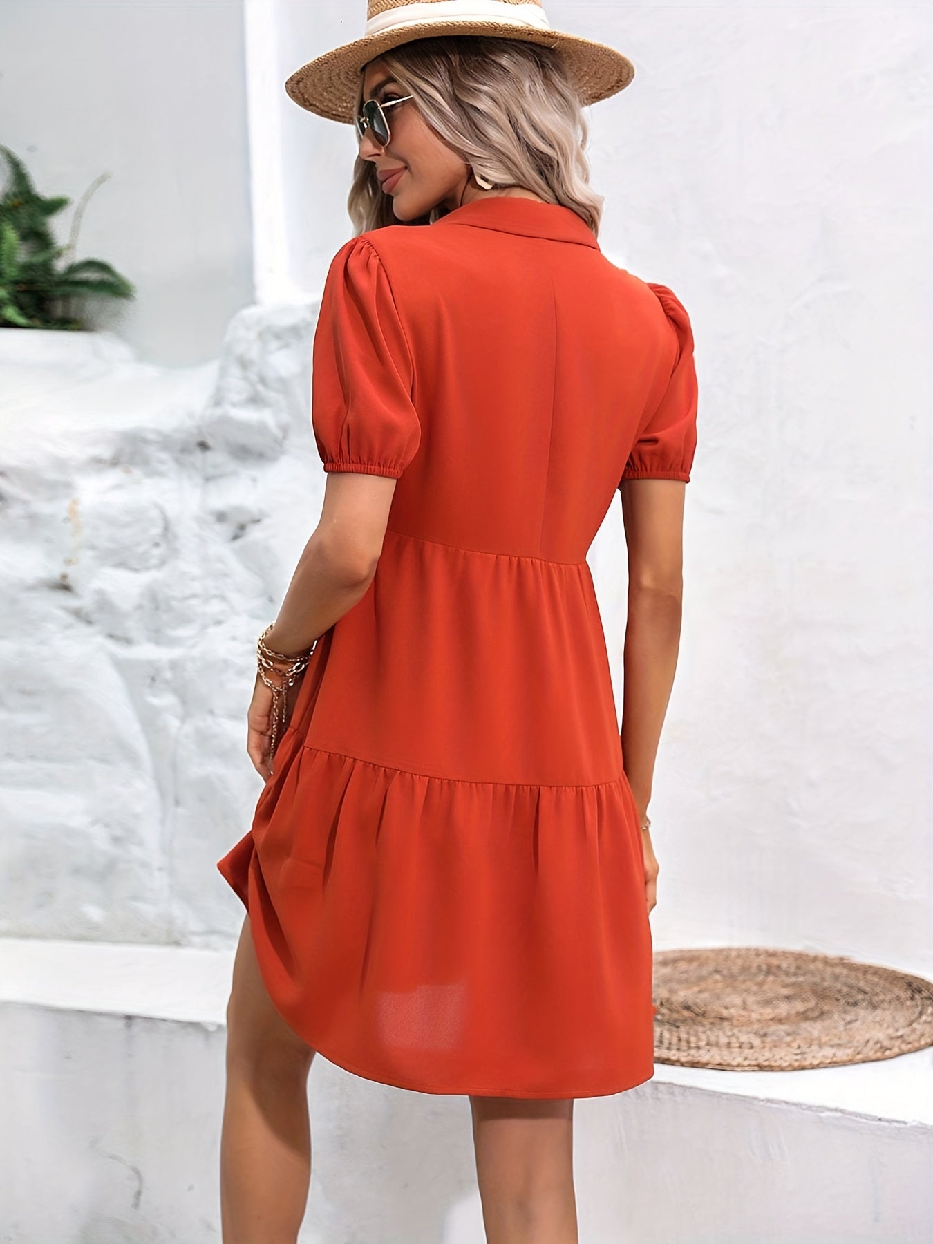 Sixsr Button Front Ruched Dress, Casual Short Sleeve Mini Dress With A Collar, Women's Clothing