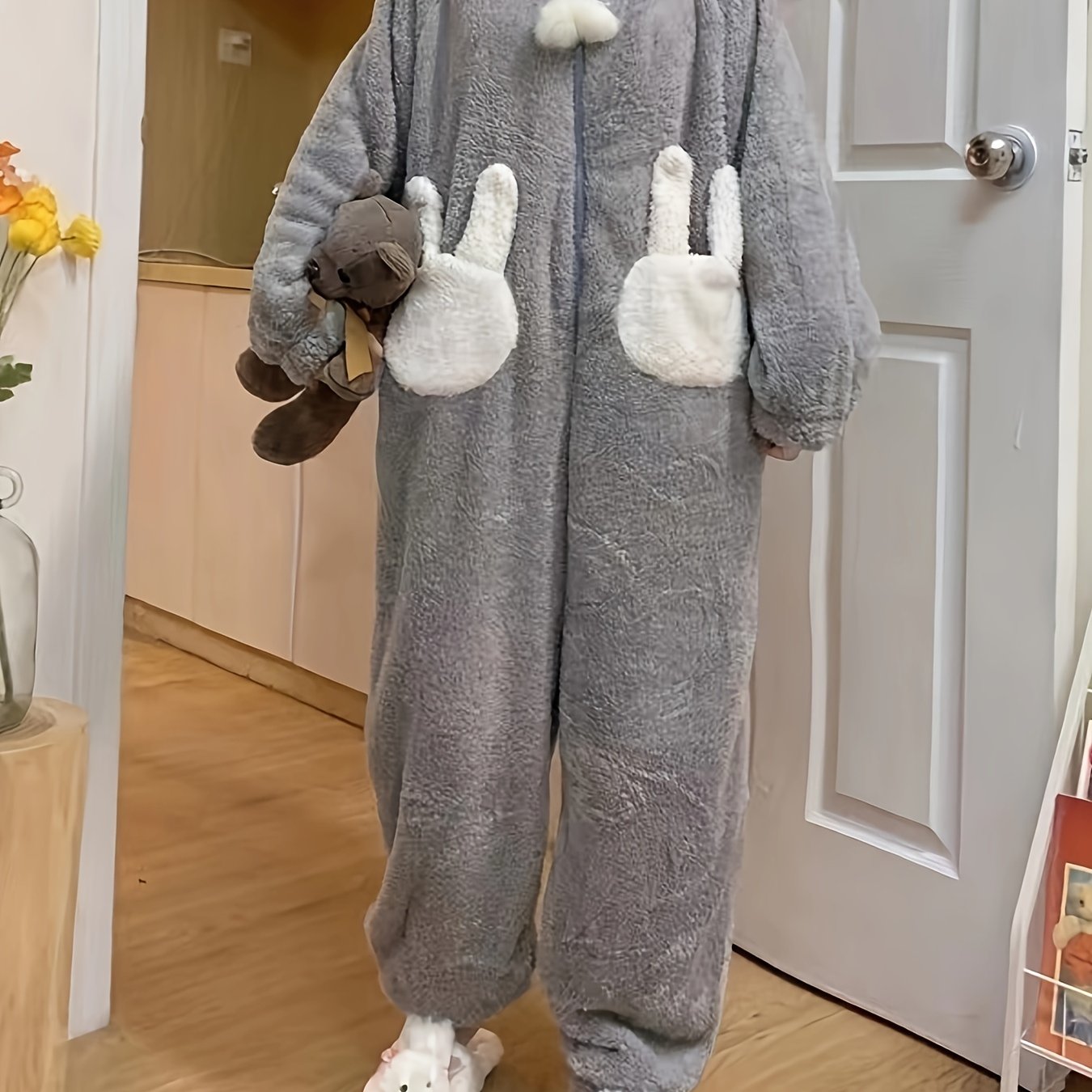 Sixsr Cartoon Bunny Fuzzy Hooded Jumpsuit, Cute Long Sleeve Zipper Pajamas, Women's Sleepwear & Loungewear