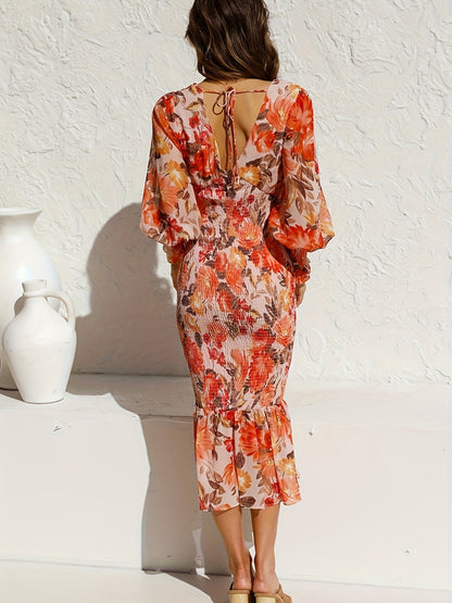 Floral Print Shirred Ruffle Hem Dress, Elegant Lantern Sleeve V Neck Dress, Women's Clothing