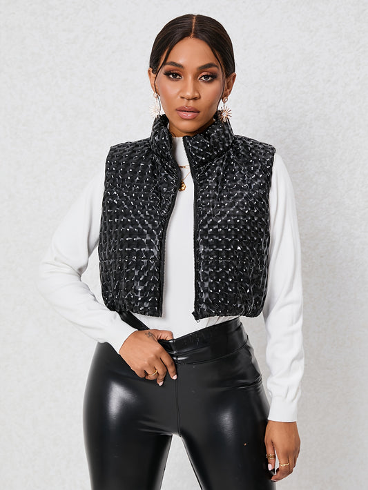 Sixsr Solid Zip Up Cotton-padded Coat, Elegant Sleeveless Outwear For Winter, Women's Clothing