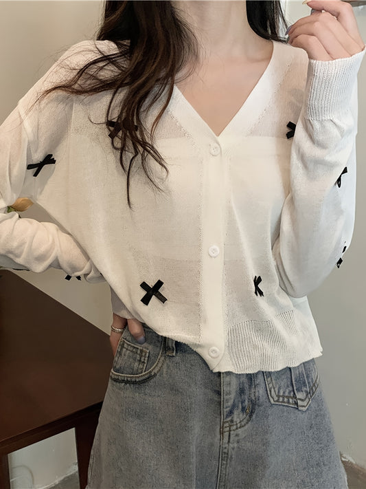Sixsr Bow Button Front Lightweight Cardigan, Casual Long Sleeve V Neck Sweater For Spring & Fall, Women's Clothing