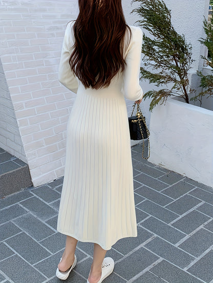 Sixsr Button Front V Neck Dress, Chic Solid Color Long Sleeve Pleat Dress, Women's Clothing