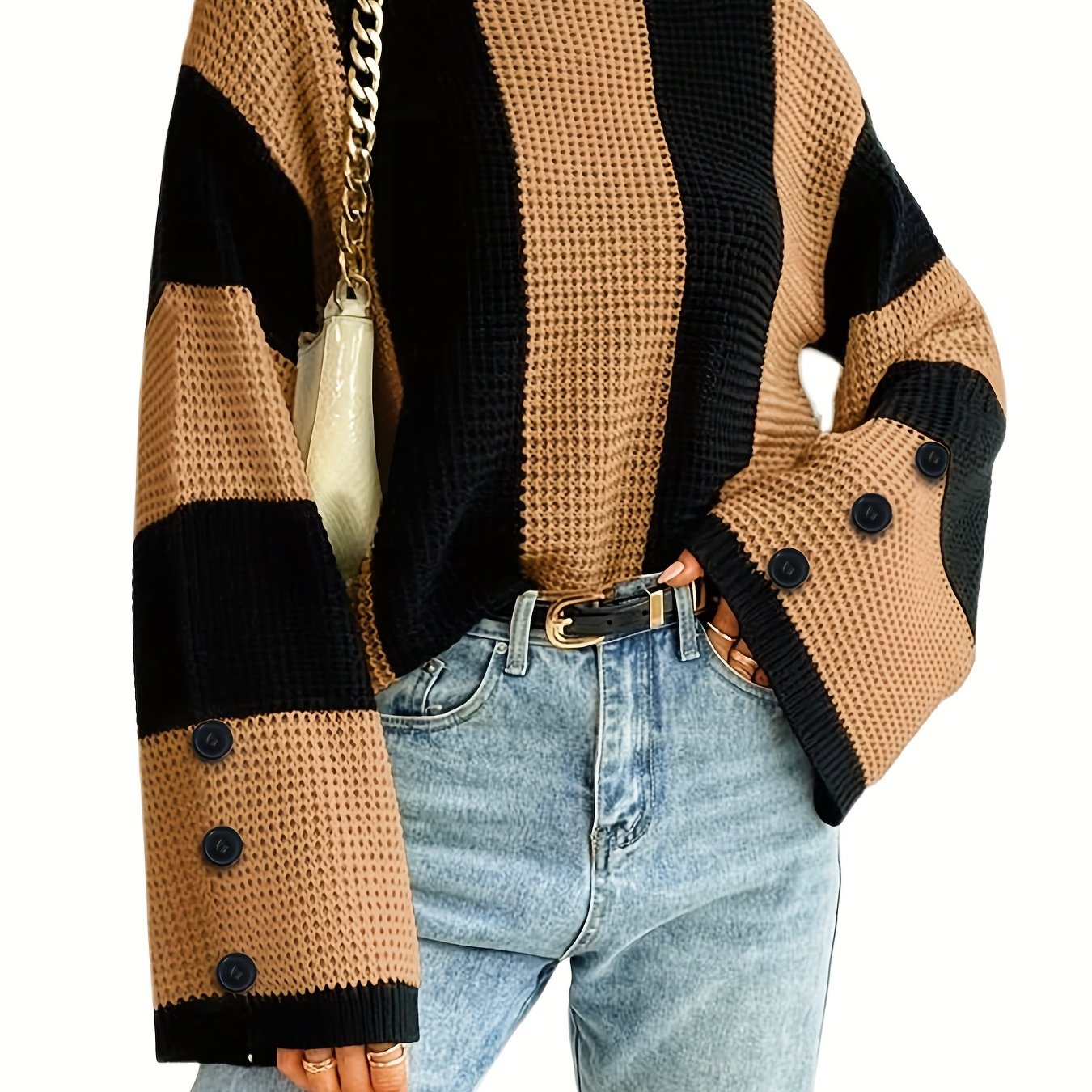 Sixsr Striped Flare Sleeve Pullover Sweater, Casual Button Decor Crew Neck Knitted Top, Women's Clothing