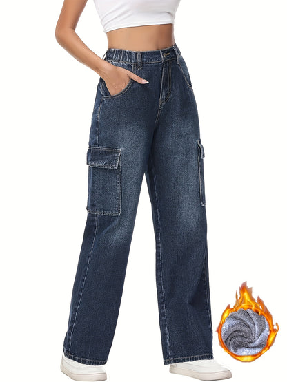 Sixsr Plush Lined Washed Straight Jeans, Flap Pockets Loose Fit Elastic Waist Cargo Pants, Women's Denim Jeans & Clothing