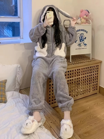 Sixsr Cartoon Bunny Fuzzy Hooded Jumpsuit, Cute Long Sleeve Zipper Pajamas, Women's Sleepwear & Loungewear