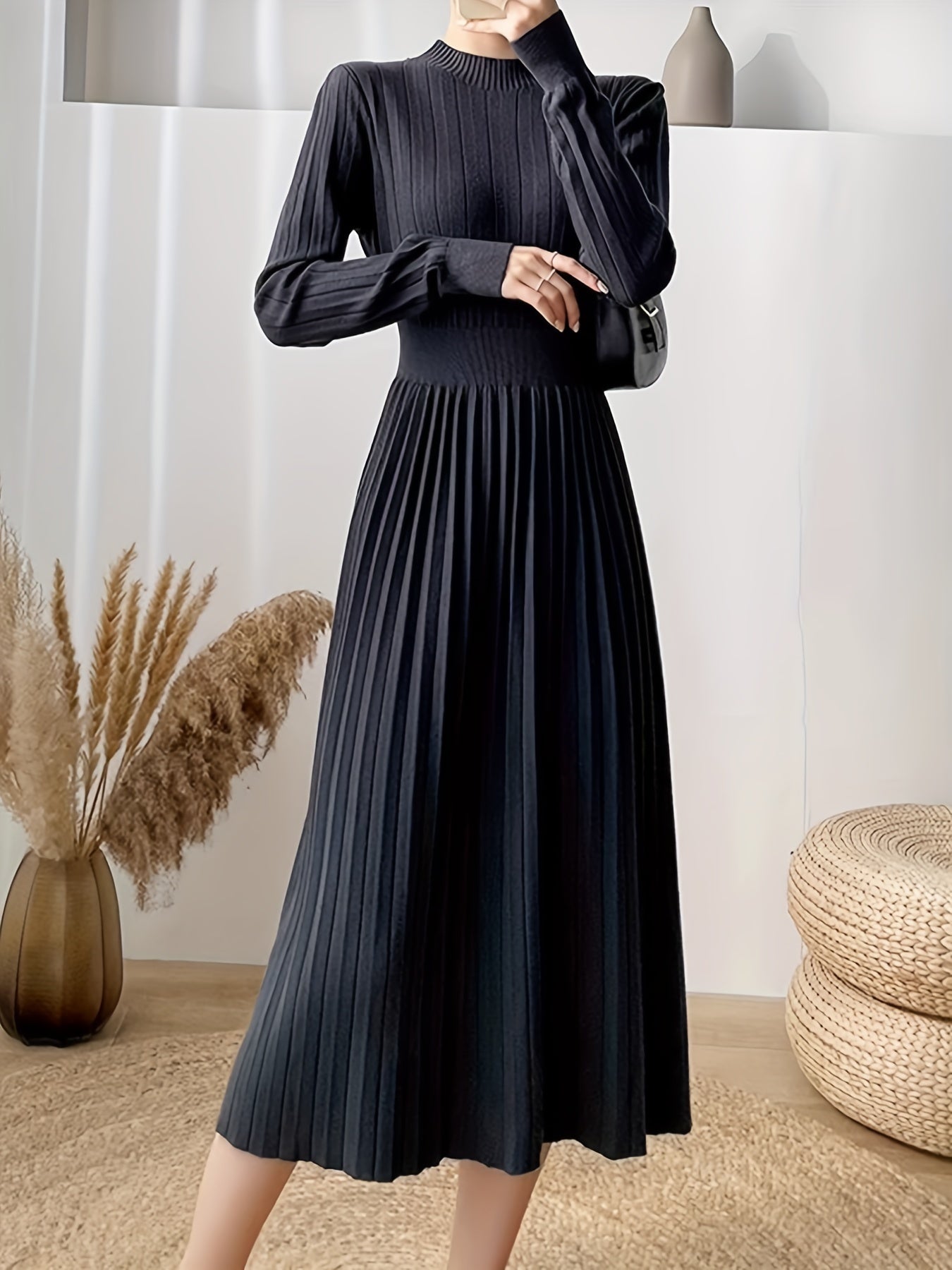 Sixsr Solid Pleated Midi Dress, Elegant Mock Neck Long Sleeve Dress, Women's Clothing