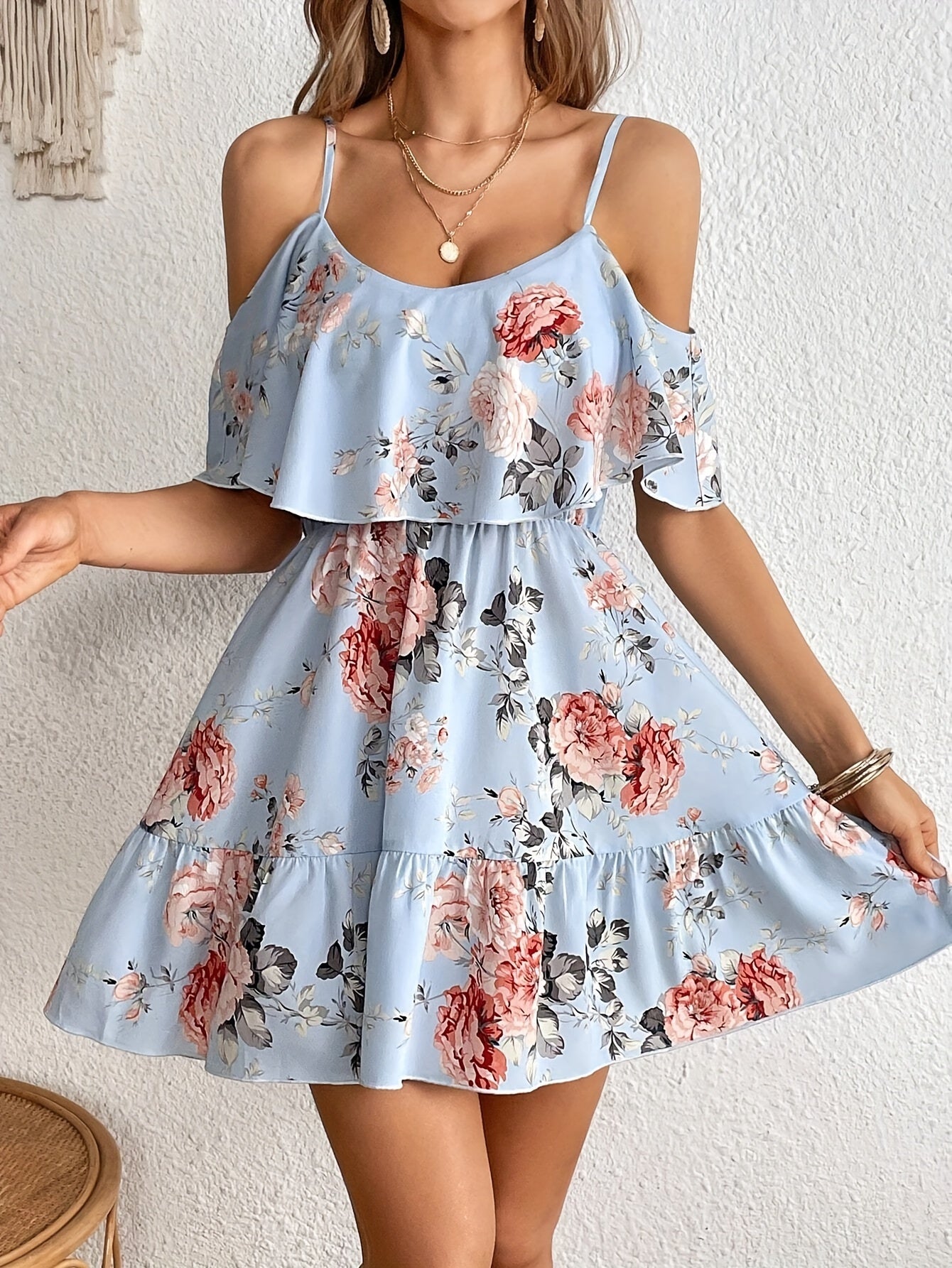 Sixsr  Floral Print Cold Shoulder Dress, Casual Ruffle Trim Dress For Spring & Summer, Women's Clothing