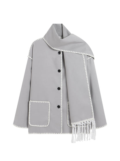 Sixsr Contrast Trim Patched Pockets Overcoat, Elegant Long Sleeve Fringe Scarf Outwear For Fall & Winter, Women's Clothing