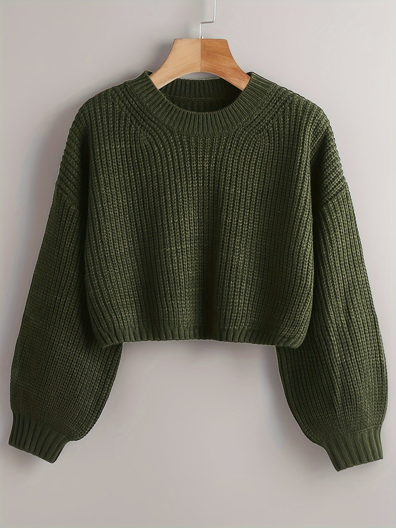 Sixsr Solid Crew Neck Crop Sweater, Casual Lantern Sleeve Comfy Pullover Sweater, Women's Clothing