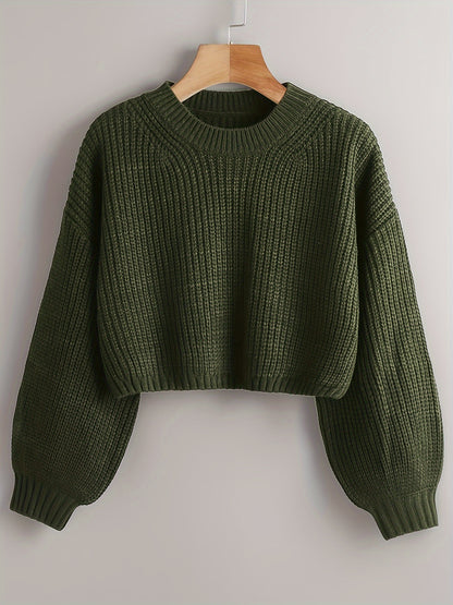 Sixsr Solid Crew Neck Crop Sweater, Casual Lantern Sleeve Comfy Pullover Sweater, Women's Clothing