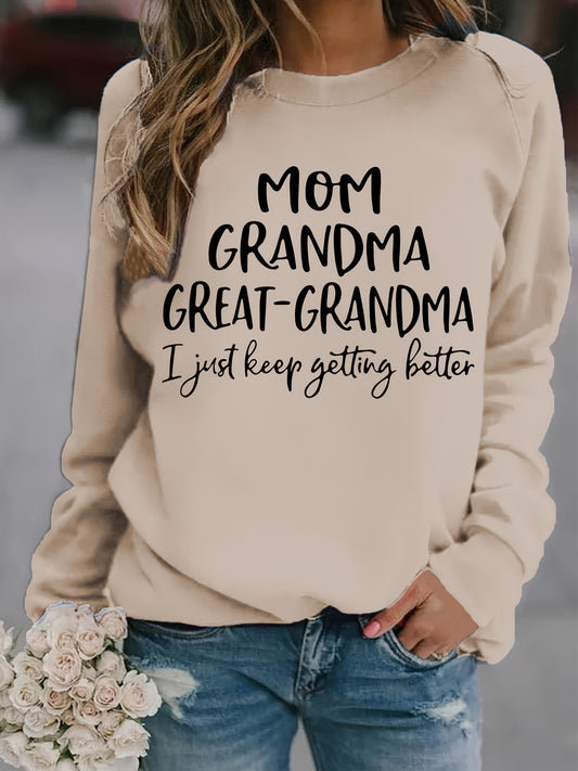 Sixsr Grandma Letter Print Solid Pullover, Long Sleeve Crew Neck Casual Sweatshirt, Women's Clothing