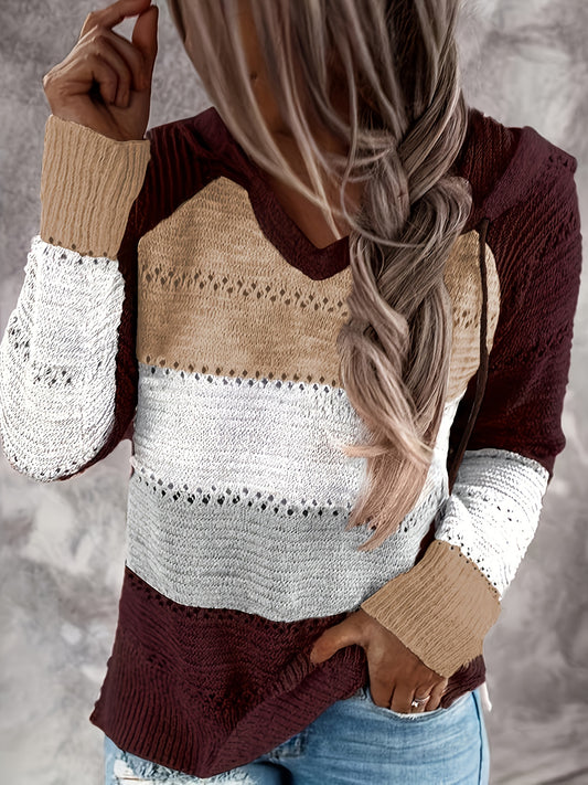 Sixsr Plus Size Colorblock Eyelet Embroidered Hoodie Drawstring Sweater, Women's Plus Slight Stretch Casual Sweater