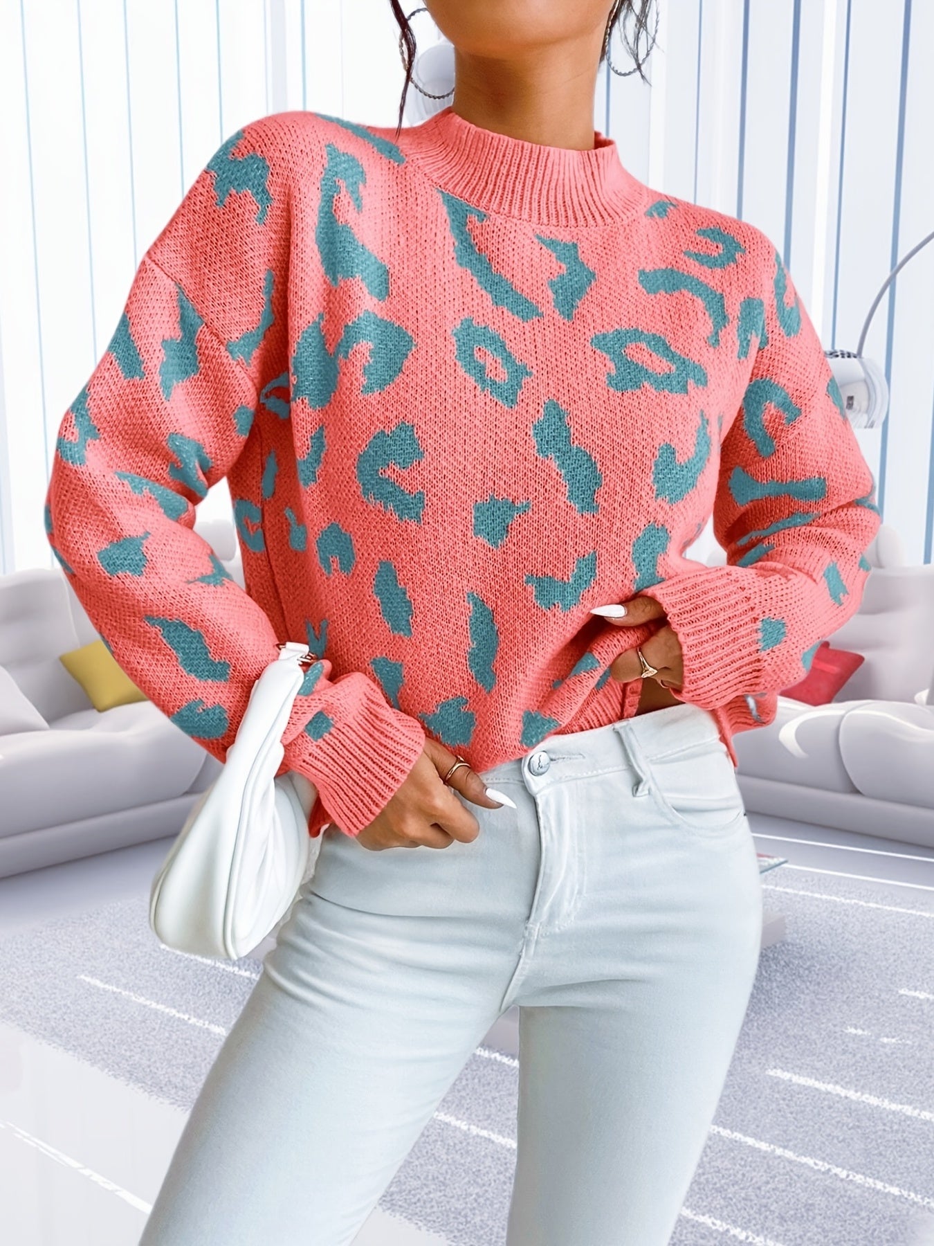 Sixsr Graphic Pattern Mock Neck Pullover Sweater, Casual Long Sleeve Sweater, Women's Clothing